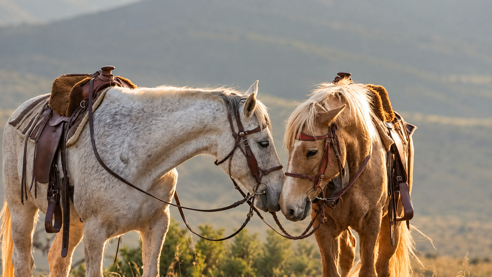 Two saddled horses in warm morning light